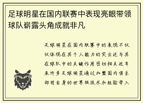 足球明星在国内联赛中表现亮眼带领球队崭露头角成就非凡