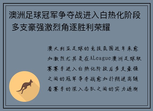 澳洲足球冠军争夺战进入白热化阶段 多支豪强激烈角逐胜利荣耀
