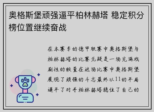奥格斯堡顽强逼平柏林赫塔 稳定积分榜位置继续奋战