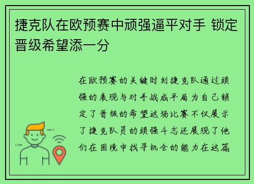 捷克队在欧预赛中顽强逼平对手 锁定晋级希望添一分