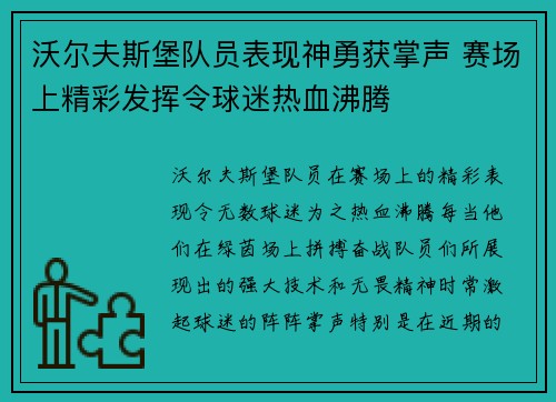沃尔夫斯堡队员表现神勇获掌声 赛场上精彩发挥令球迷热血沸腾